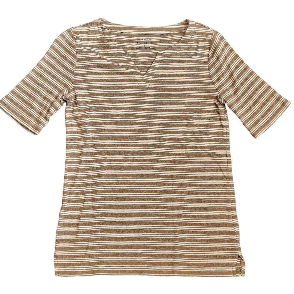 The Talbots Tee Women's Brown Striped Short Sleeve V-Neck T-Shirt Size Small